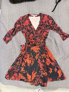 Diane Von Furstenberg Black and Red Floral Wrap Dress